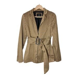 Haute Monde Los Angeles Tan Plaid Houndstooth Blazer Belted  Large